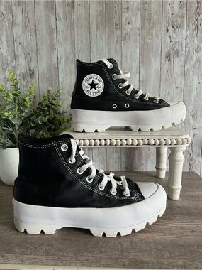 Converse Black Leather Women’s Lugged Platform Lace-Up High Top Sneakers Size 7